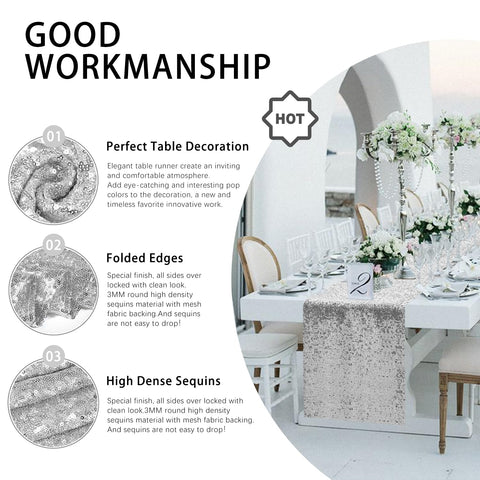 VHH wedding table spread with silver sequins creates elegant ambience.