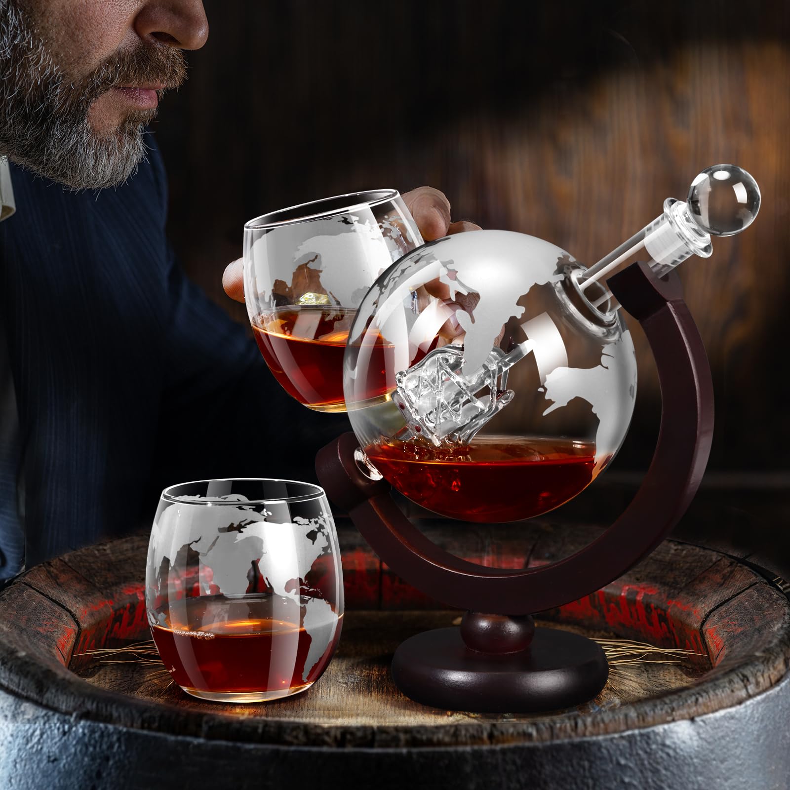 VI AI engraved world-map whisky glasses for refined toasts