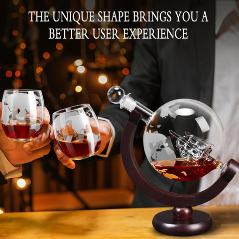 Wooden mahogany tray complements the globe decanter in a bar setup