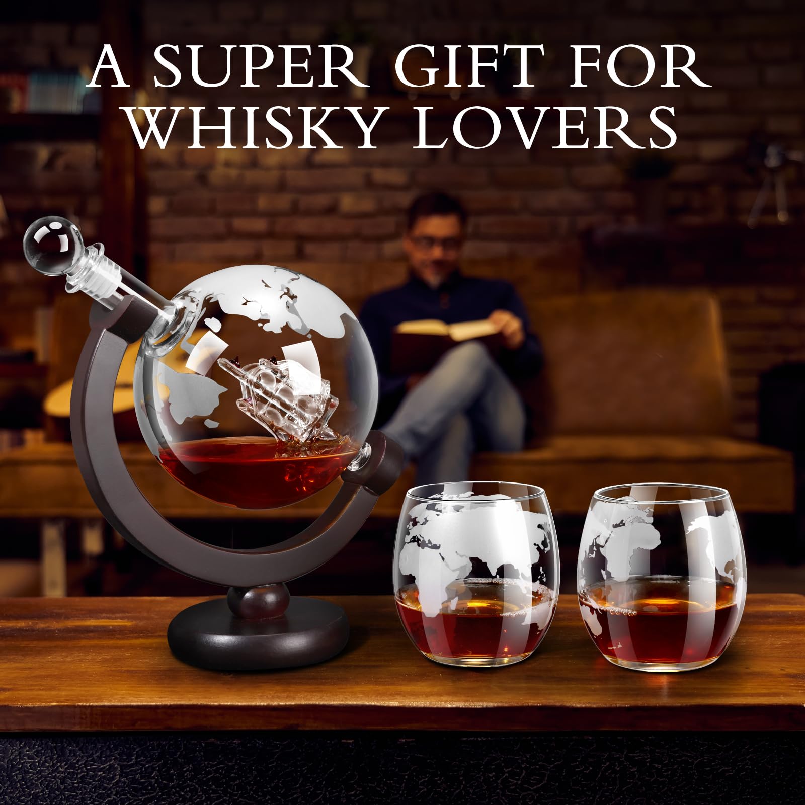 VI AI globe with world-map engraving on the decanter