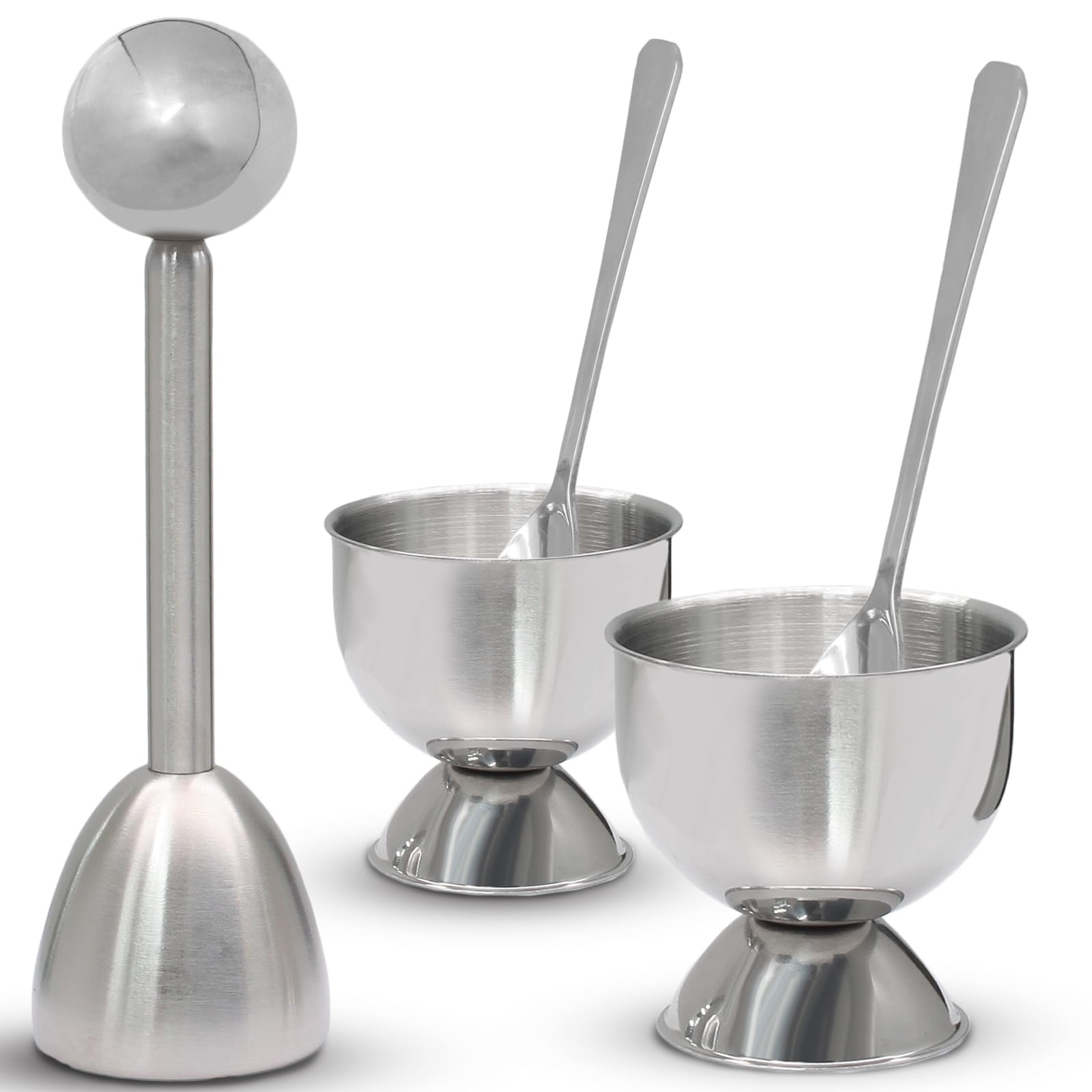 Vibedor stainless steel egg cups securely cradle warm soft-boiled eggs.