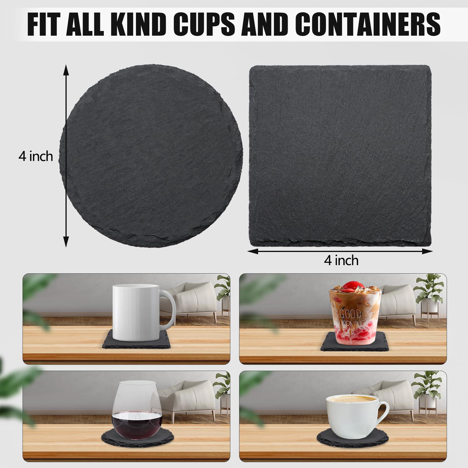 VIBRATITE round slate coaster with felt pads prevents scratches on countertops.