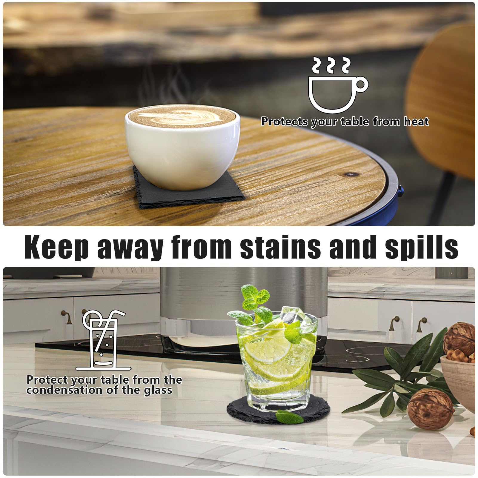 VIBRATITE slate coaster with four felt pads protects furniture during use.