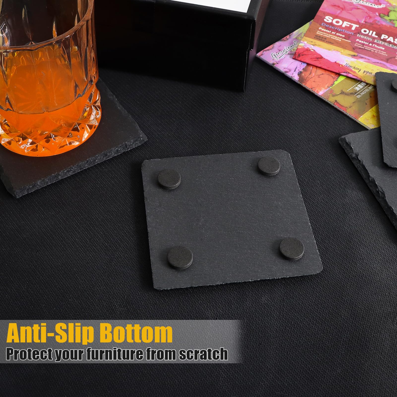 VIBRATITE slate coaster bottom with anti-scratch EVA bumper for stable placement