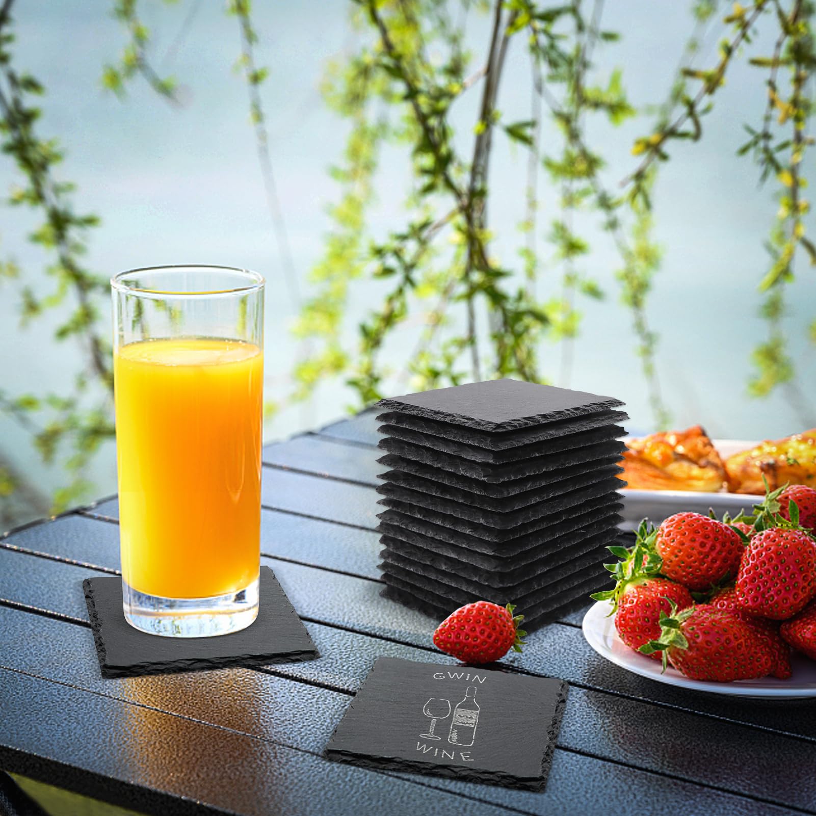 VIBRATITE square slate coasters on a dining table enhance kitchen decor