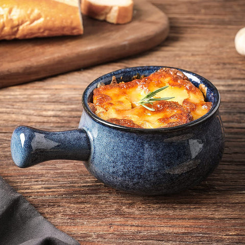 Vicrays blue stackable soup bowls neatly stored to save kitchen space