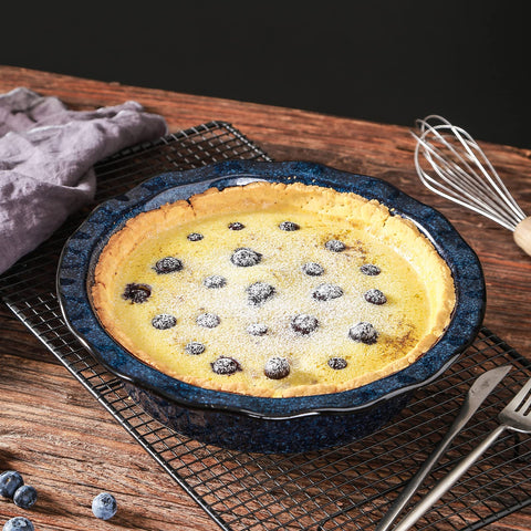 Vicrays pie plate features a deep dish and fluted edge for sturdy crusts.