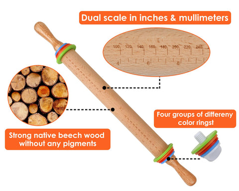 Victhur rolling pin measurement guide shows cm and in for precise dough portions.