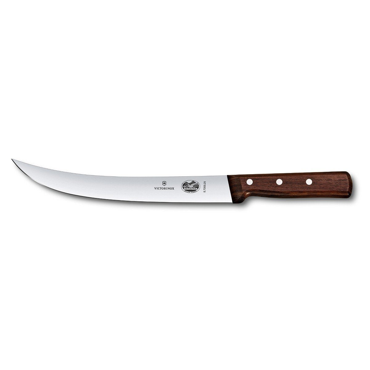 Victorinox curved breaking knife with rosewood handle for precise, comfortable slicing in the kitchen.