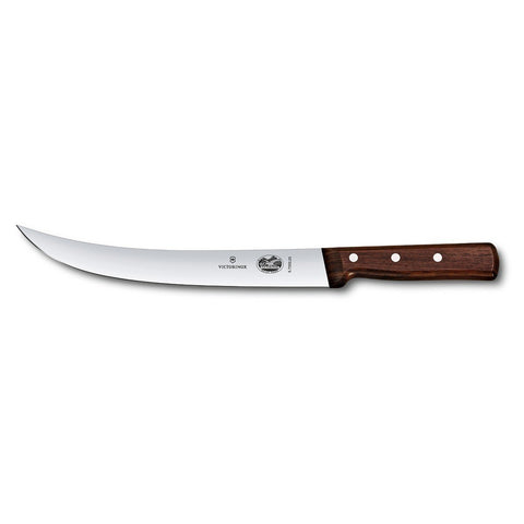 Victorinox curved breaking knife with rosewood handle for precise, comfortable slicing in the kitchen.