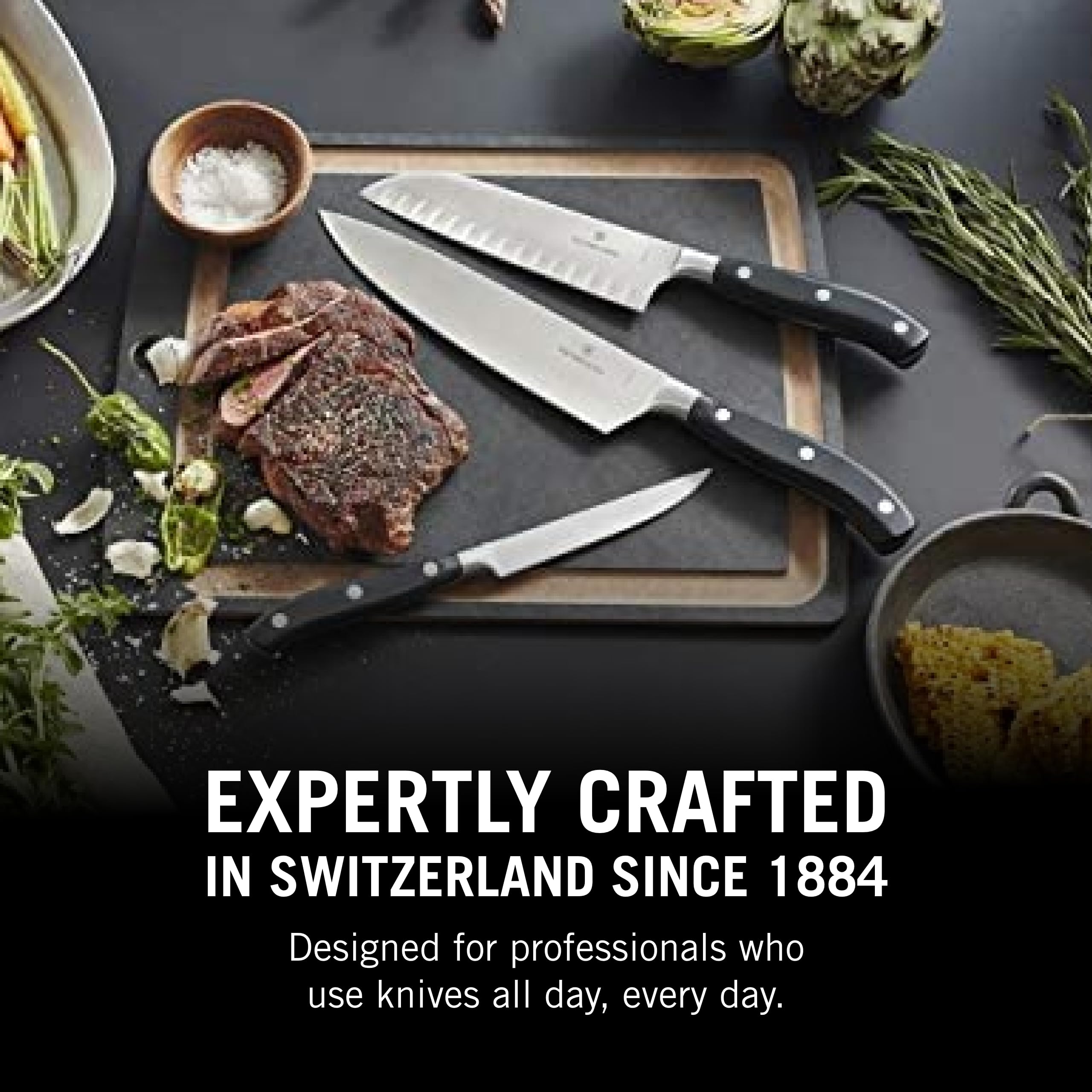 Victorinox in-use kitchen scene showing edge maintenance between cuts.