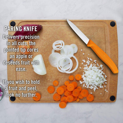 Peeling action using Victorinox paring knife for careful fruit prep