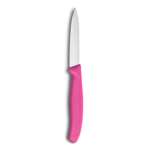 Close-up of the pink ergonomic handle on the Victorinox paring knife