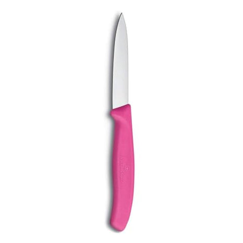 Close-up of the pink ergonomic handle on the Victorinox paring knife