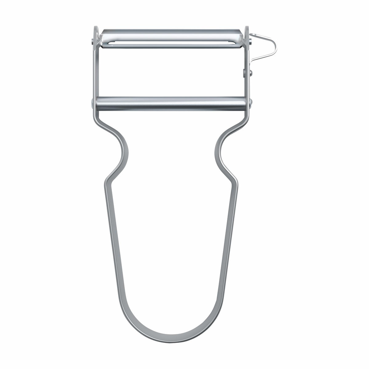 Victorinox REX peeler blade closeup shows precise peeling with minimal waste