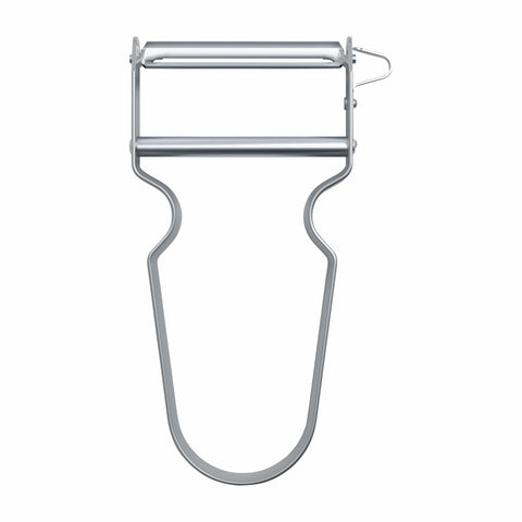 Victorinox REX peeler blade closeup shows precise peeling with minimal waste