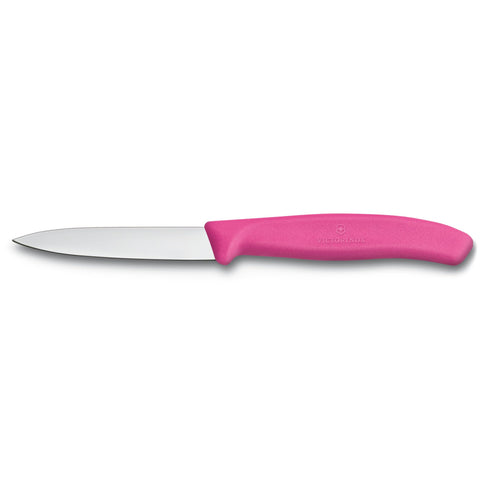 Victorinox Swiss Classic paring set pink with textured handle for secure grip while peeling.