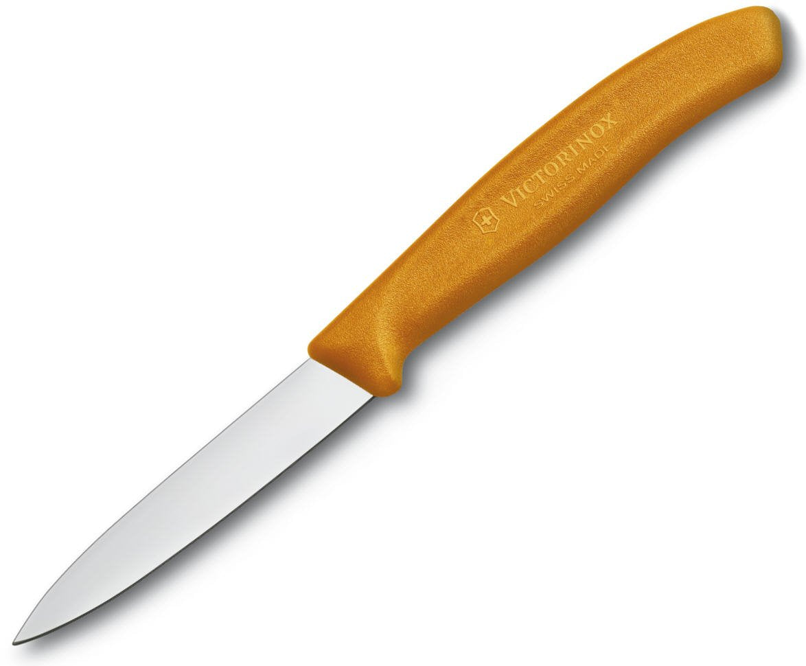 Victorinox Swiss Classic paring knife with orange handle for precise peeling.
