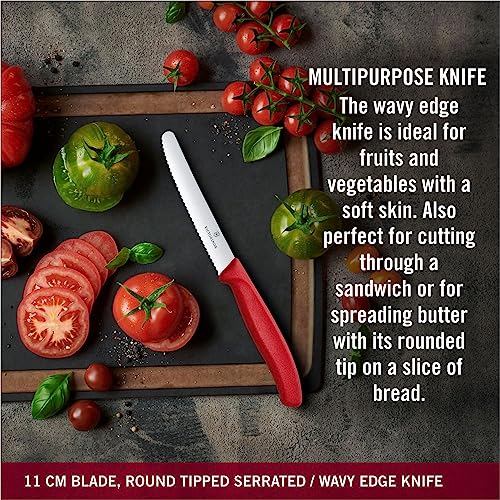 Victorinox paring knife with serrated edge, great for firm peels and light slicing.