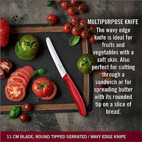 Victorinox paring knife with serrated edge, great for firm peels and light slicing.