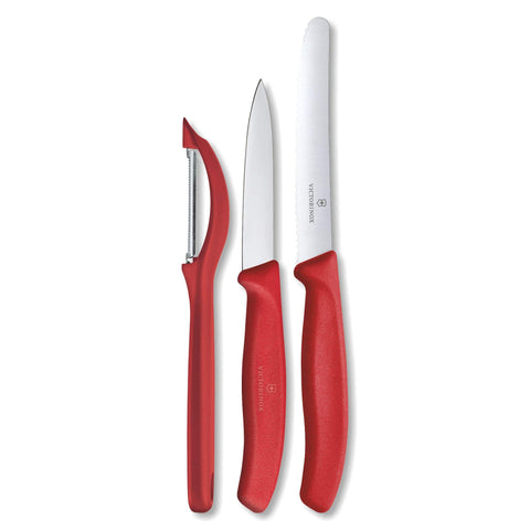 Victorinox Swiss Classic paring knife set with red handle, versatile for peeling and slicing.