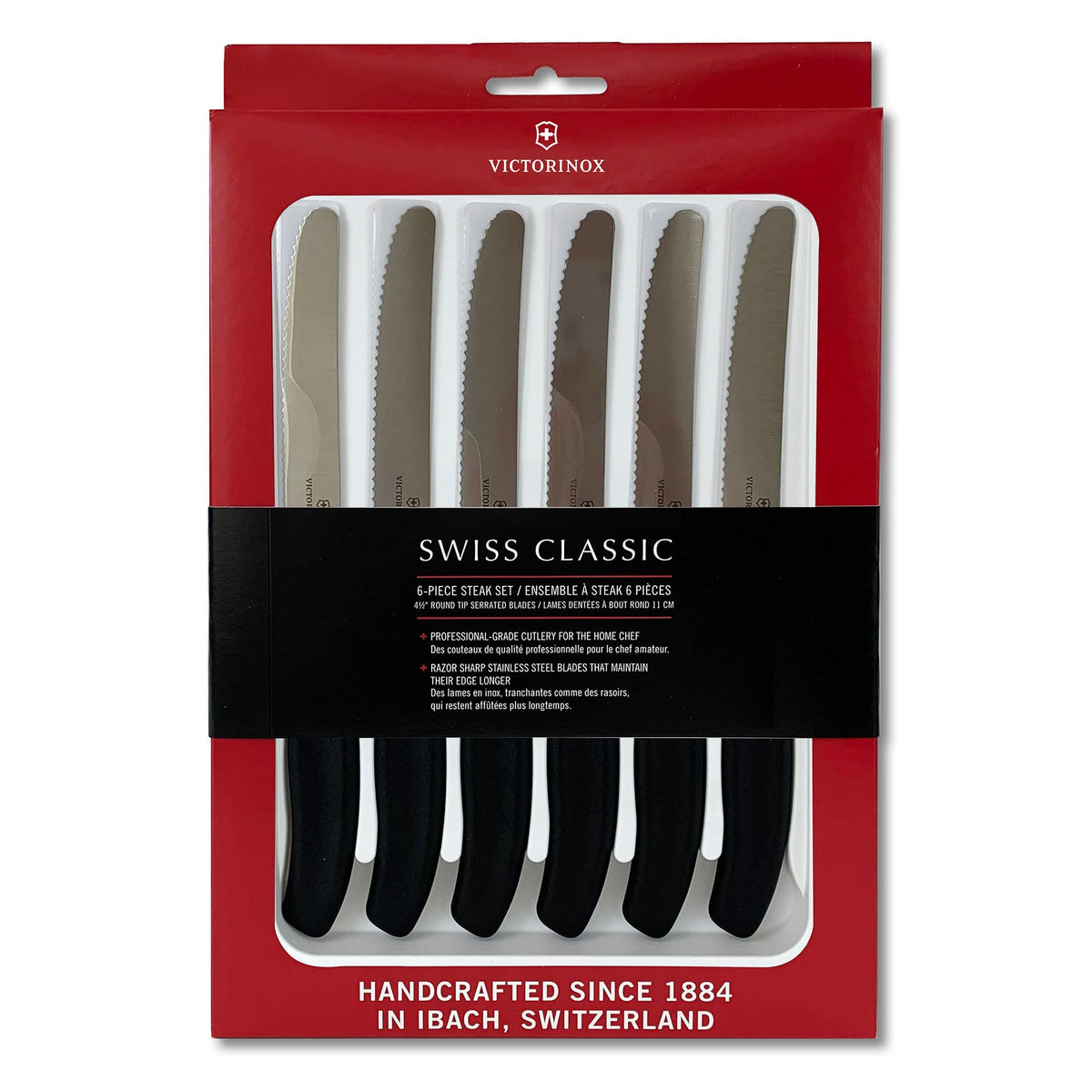 Victorinox Swiss Classic steak knife set on table for precise meat slicing.
