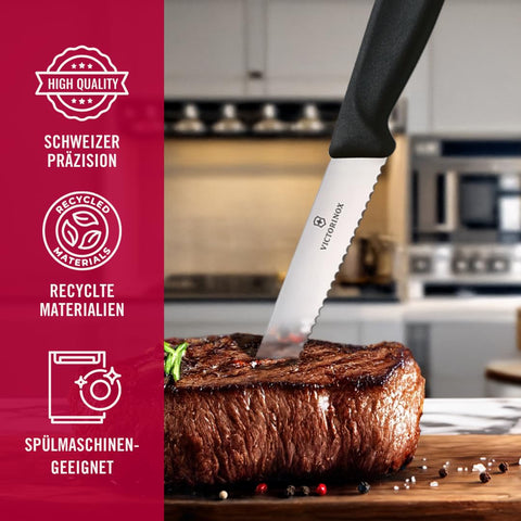 Victorinox steak knife set close-up highlighting the wavy-edge blade for versatile cuts.