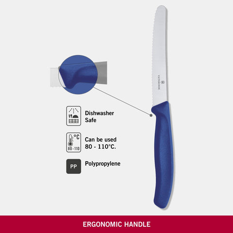 Ergonomic blue handle on the Victorinox paring knife provides comfortable grip