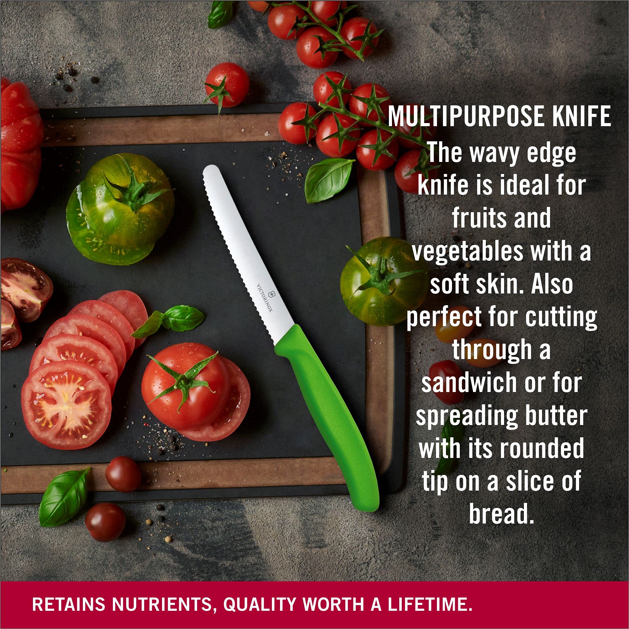 Victorinox Swiss Classic tomato knife green handle holding over ingredients for prep