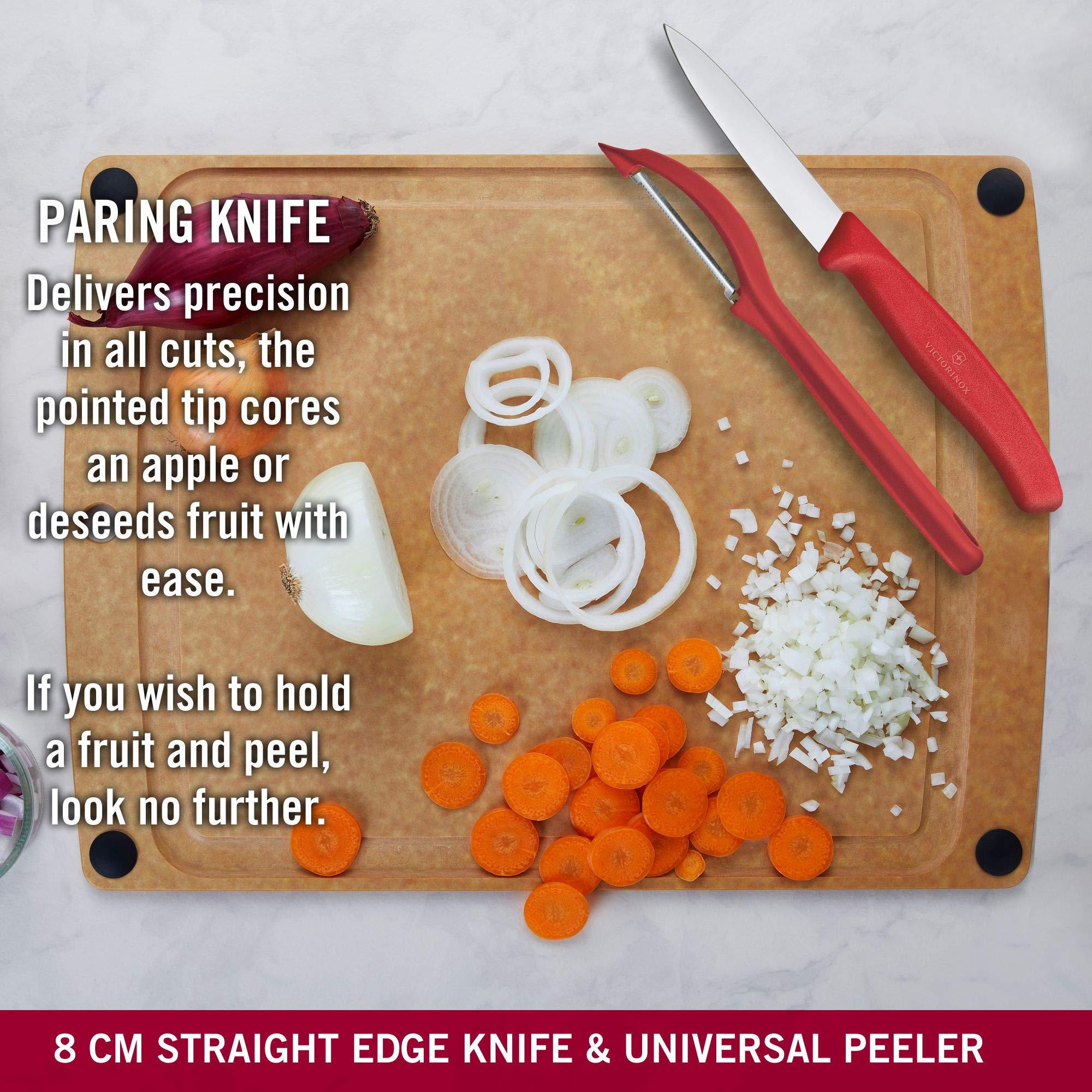 Victorinox peeler with ergonomic handle, speeds prep of fruits and vegetables.