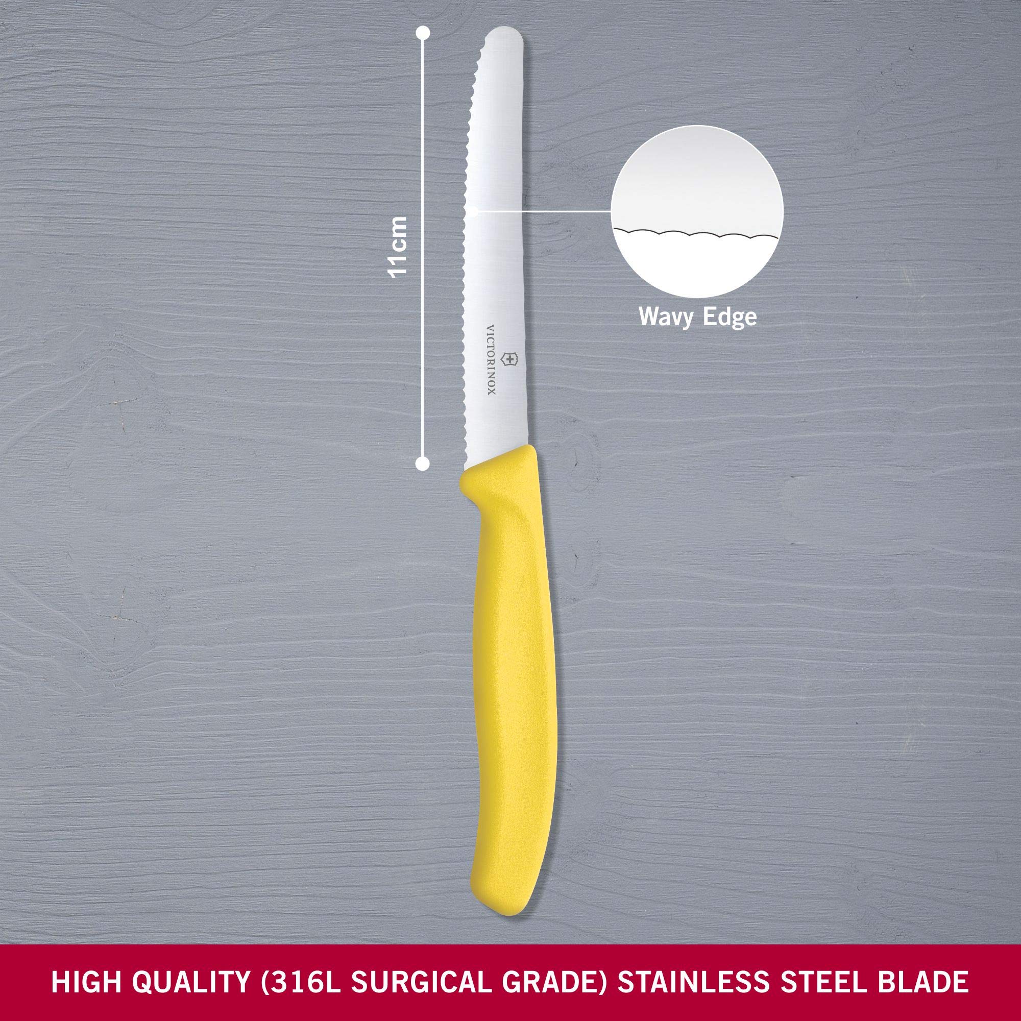 Victorinox VIC-6.7836.L118 serrated blade closeup, effective for crusty bread and tomatoes