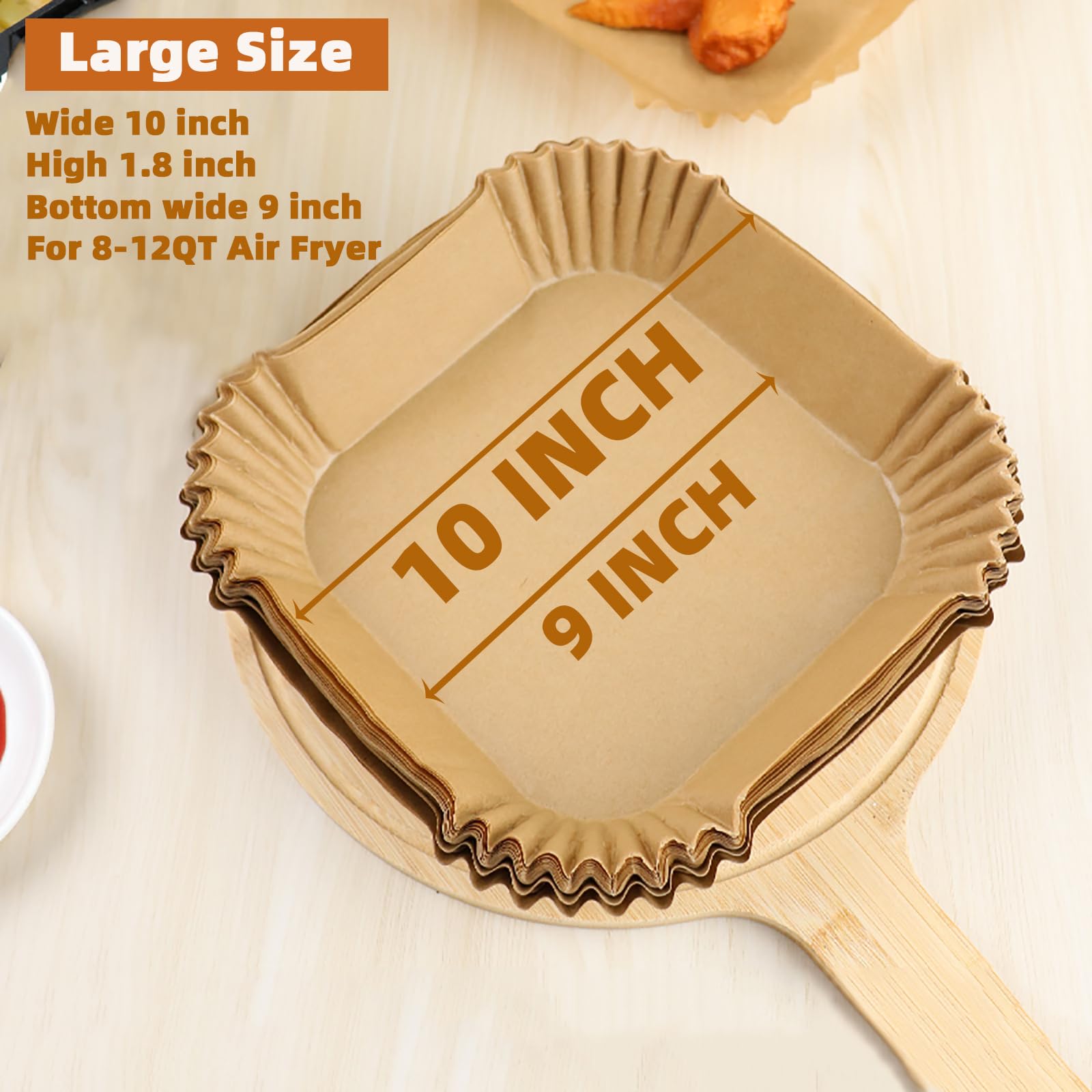 Victoyaw 10-inch square parchment liners for 8-12QT fryers, heat resistant and easy cleanup.