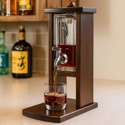 Vida Brillante whiskey decanter with tap displayed on a home bar for effortless pouring.