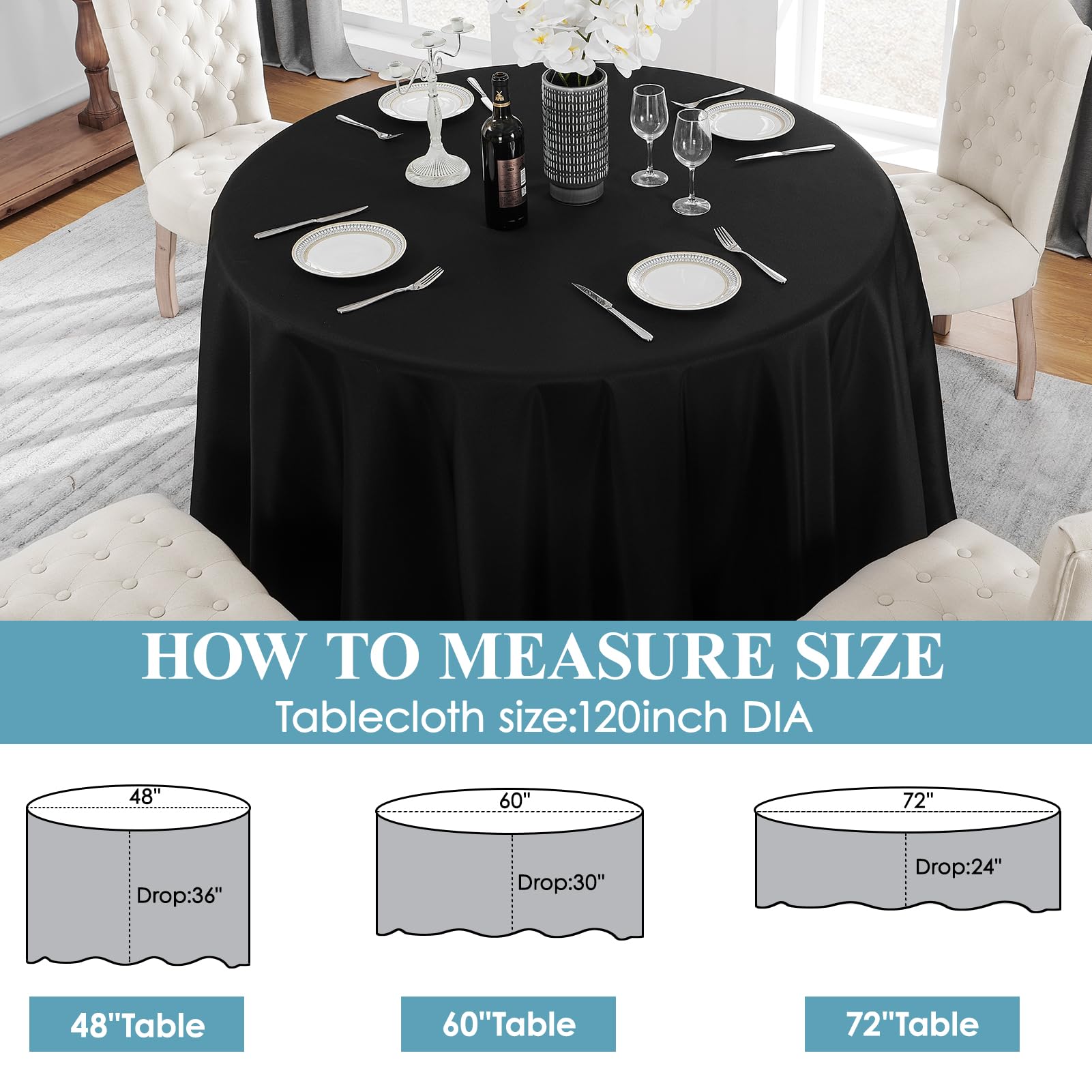 VidaFete 120-inch round tablecloth demonstrates ample coverage for a large dining setup.