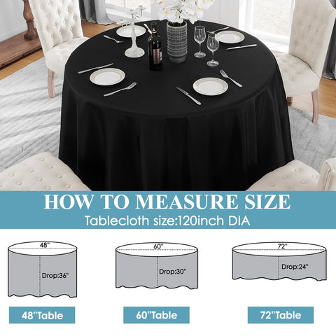 VidaFete 120-inch round tablecloth demonstrates ample coverage for a large dining setup.