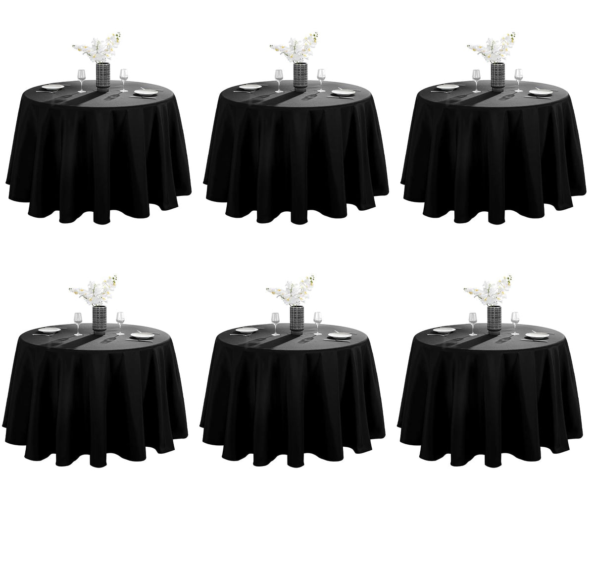 VidaFete 6-pack round tablecloth in black provides durable protection and a polished look.