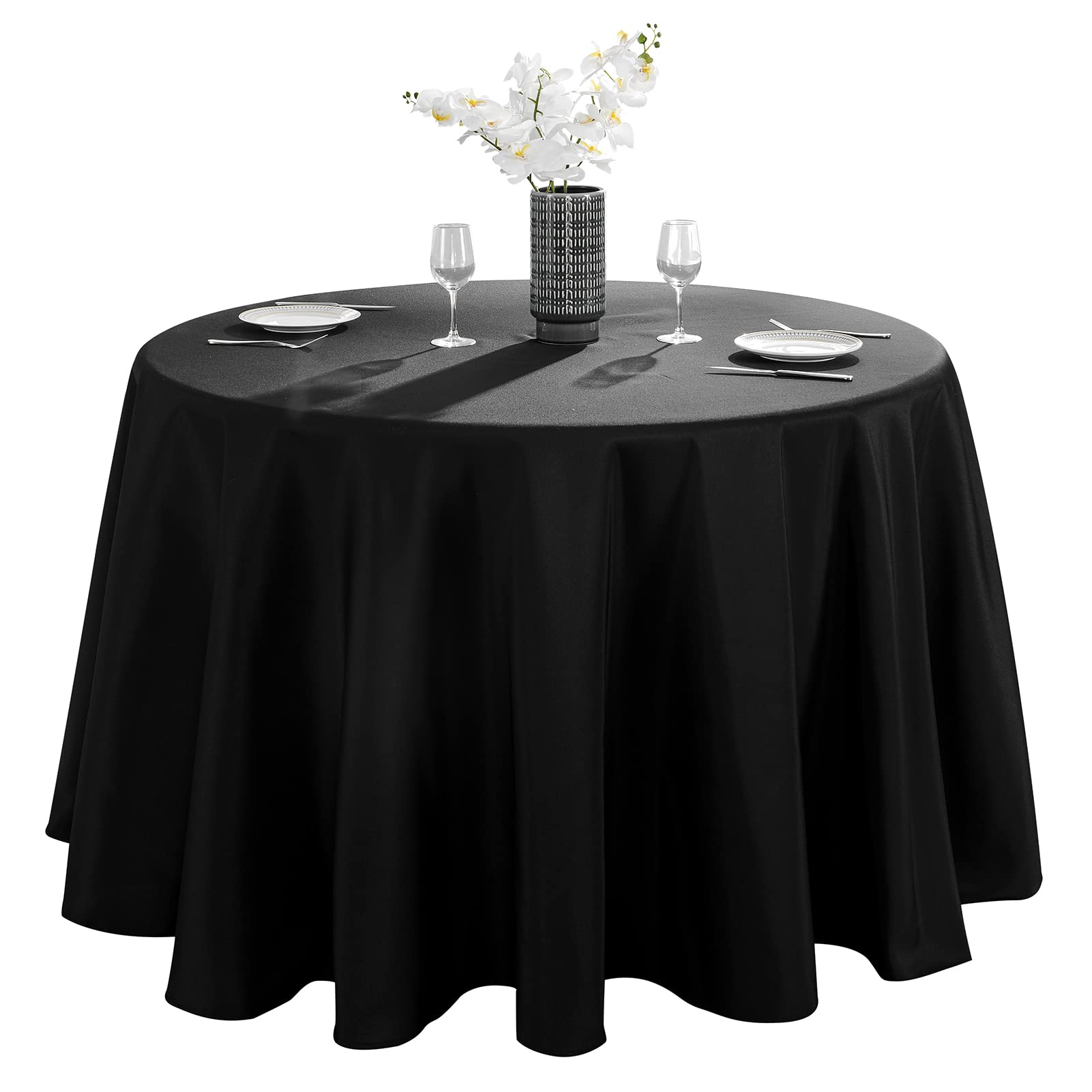 VidaFete 90-inch round tablecloth on a table, elegant coverage for gatherings.