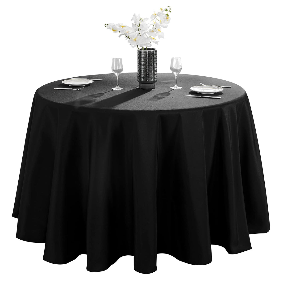 VidaFete 90-inch round tablecloth on a table, elegant coverage for gatherings.