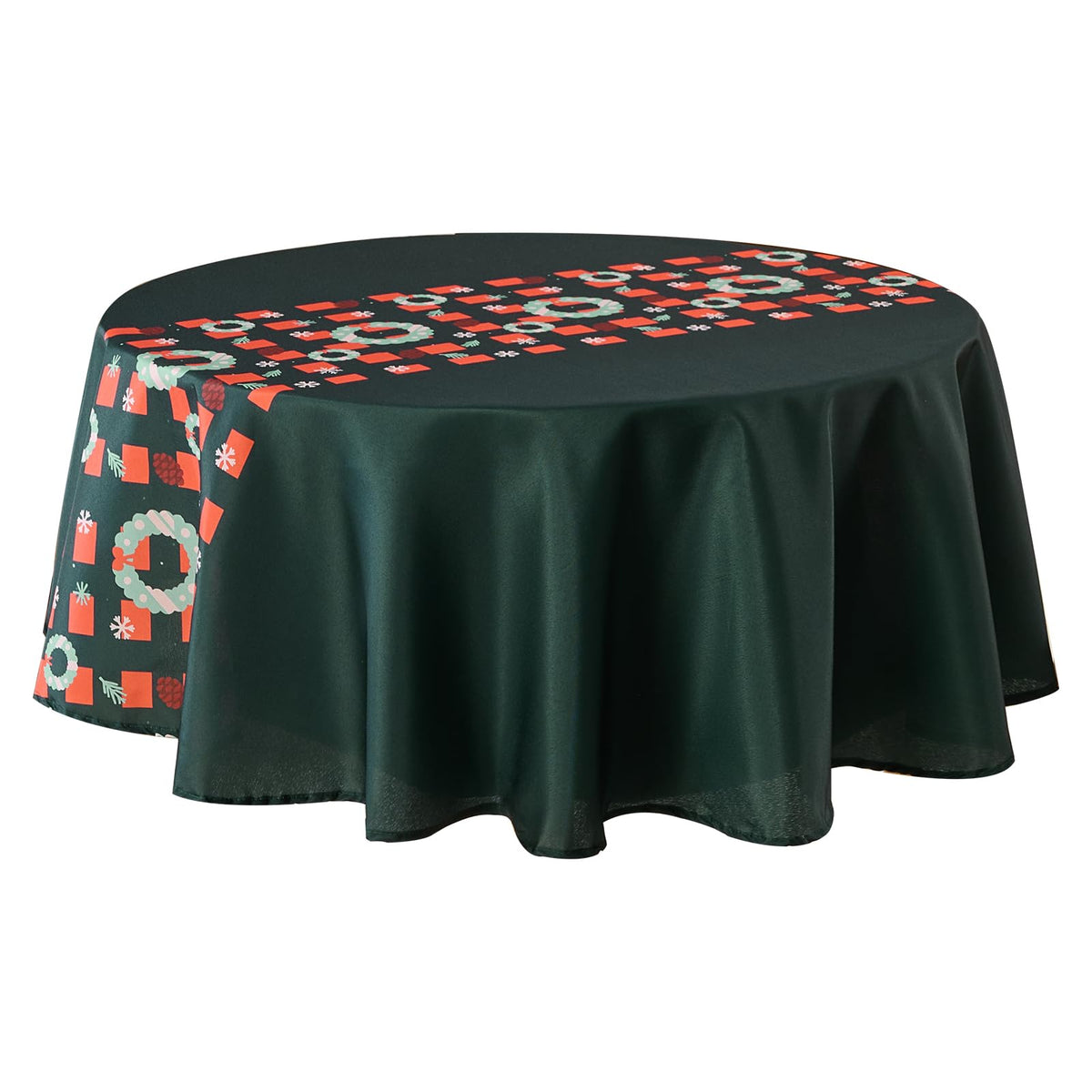 VidaFete Christmas Round Tablecloth with bells pattern enhances festive tables for holiday gatherings.