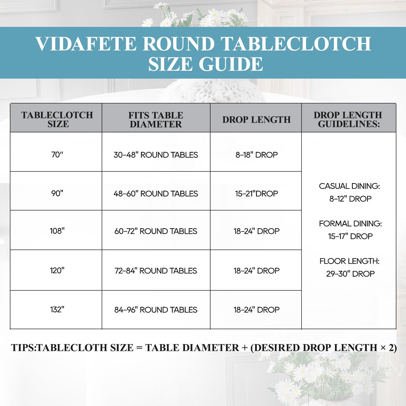 VidaFete round tablecloth 132-inch dining setup enhances decor with a clean white surface