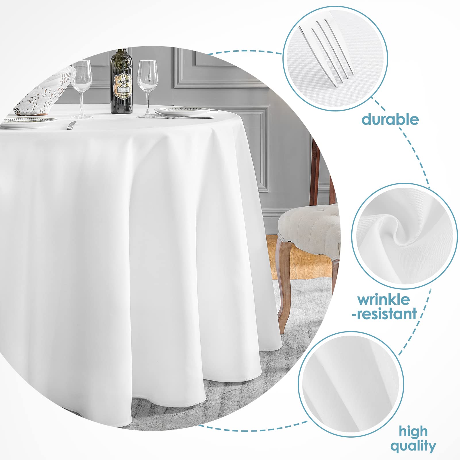 VidaFete 132-inch round tablecloth in soft polyester is durable and prevents slipping