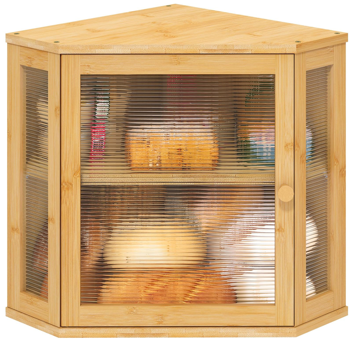 viewcare corner bread box in bamboo natural finish front view showing spacious capacity