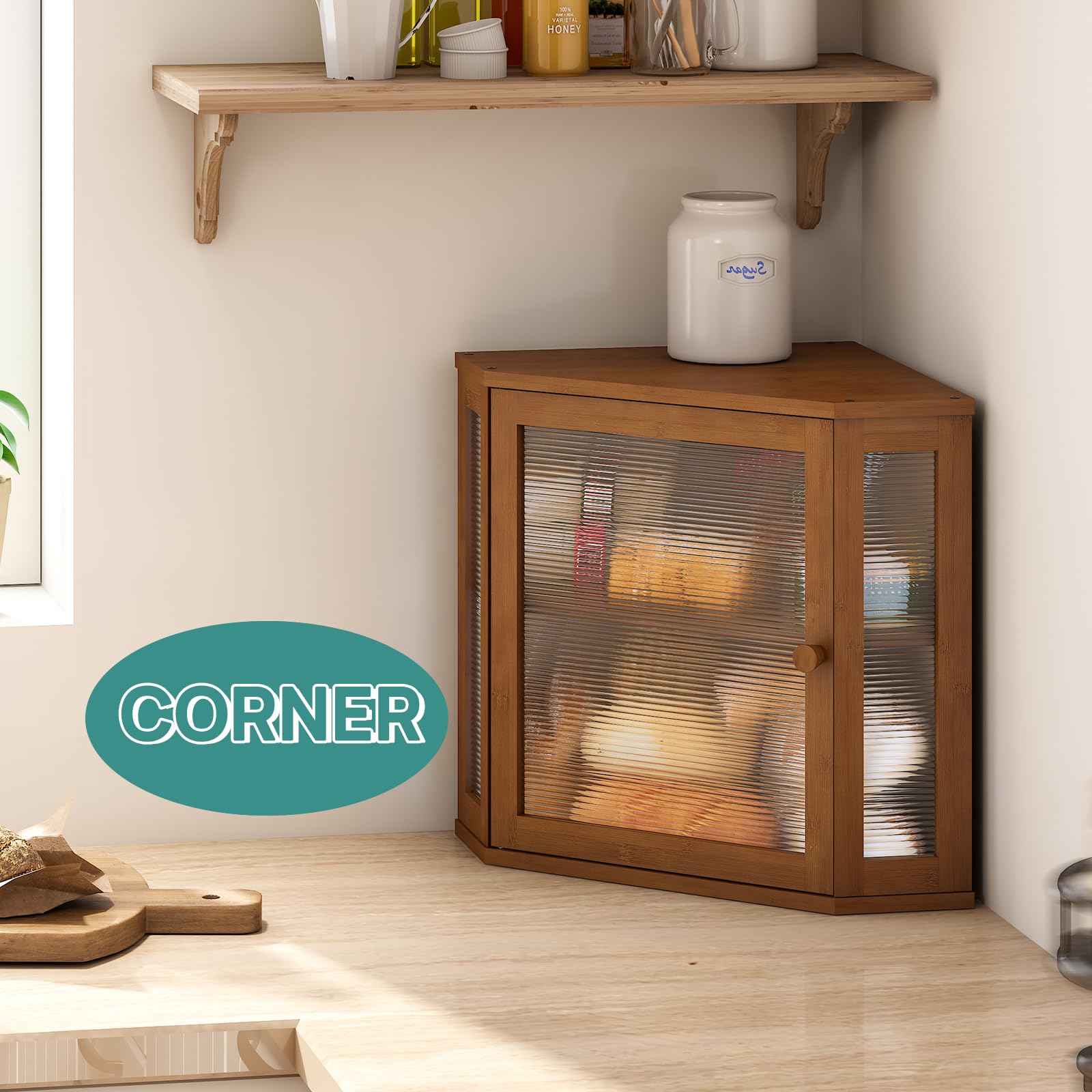Viewcare corner bread box side view illustrating compact footprint on a kitchen counter