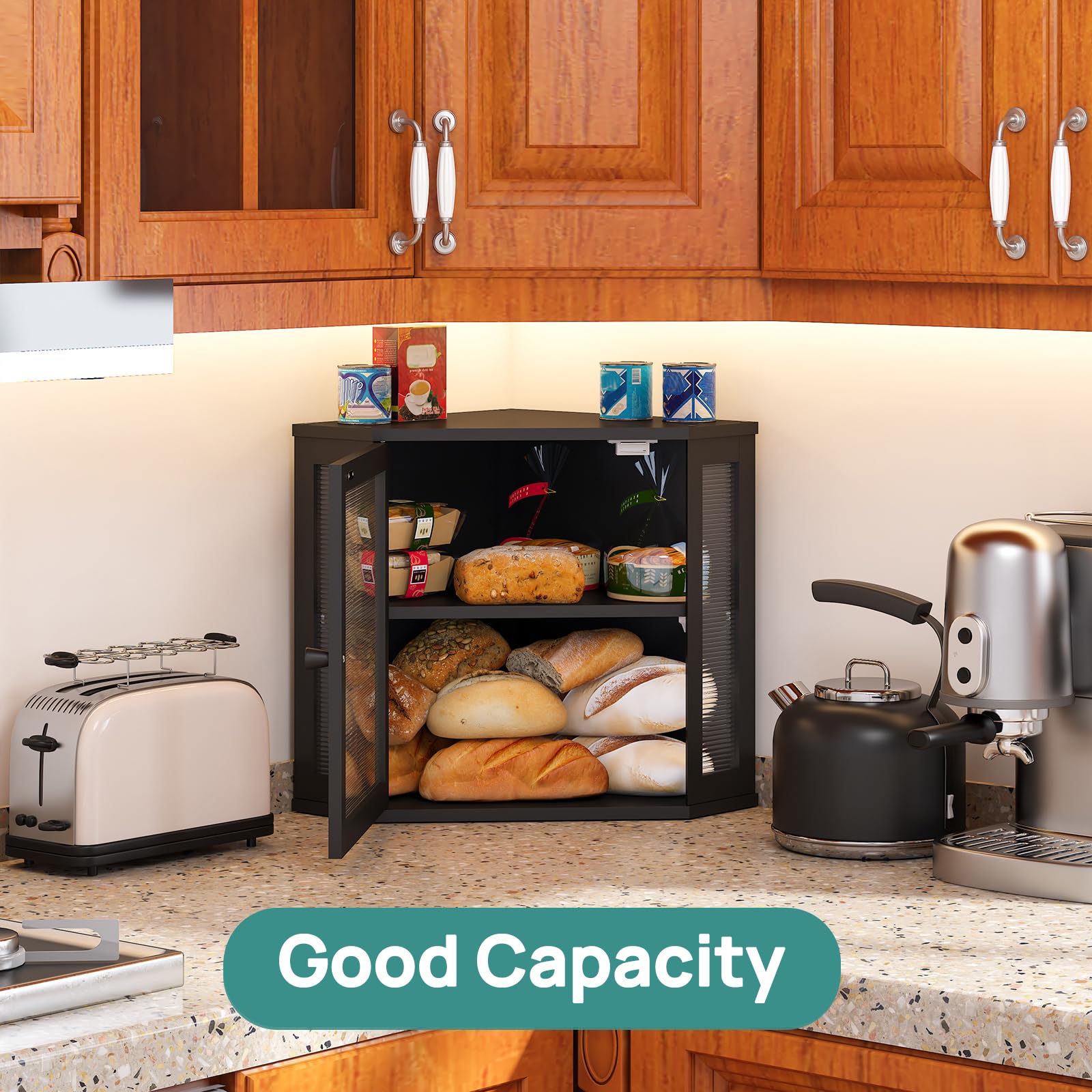 Viewcare kitchen-counter breadbox fits neatly on the counter for daily use.