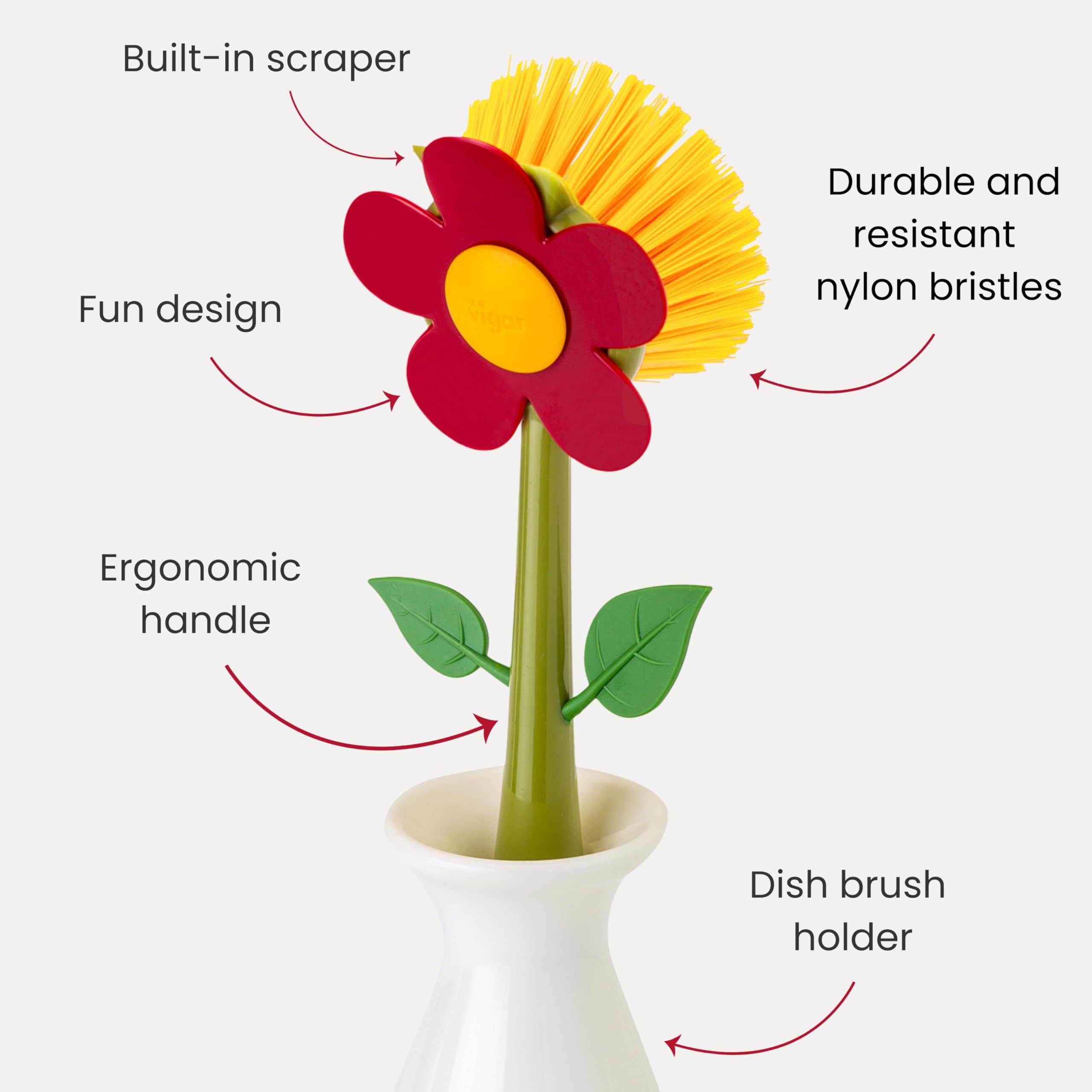 Vigar Flower Power dish brush showing ergonomic grip in action