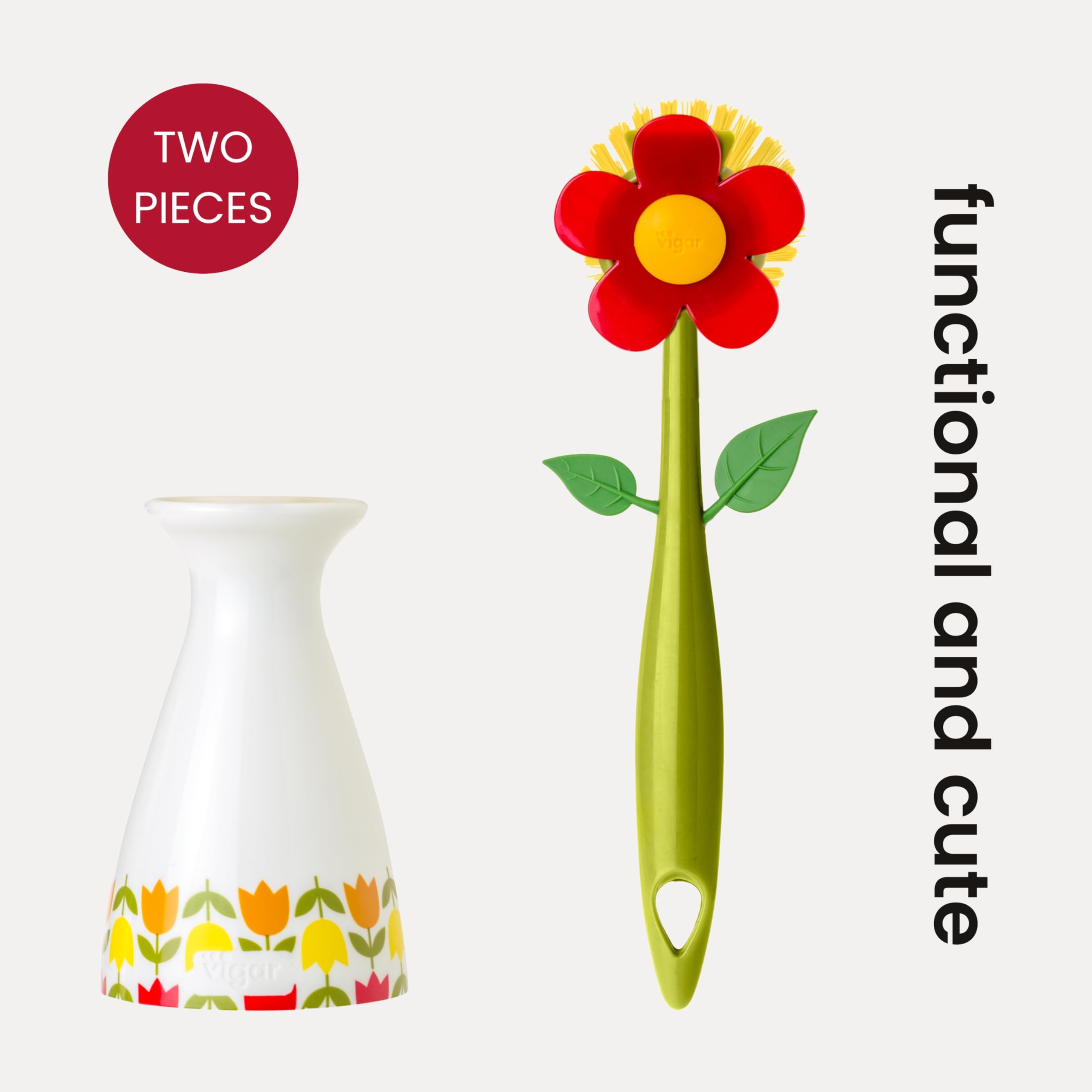 Vigar Flower Power dish brush in use on dishes and pans