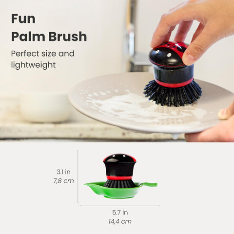 Vigar Ladybug palm scrub holder keeps the brush upright for quick drying.