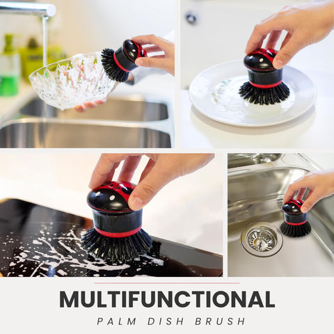 Vigar palm brush in use scrubs pots and pans efficiently.