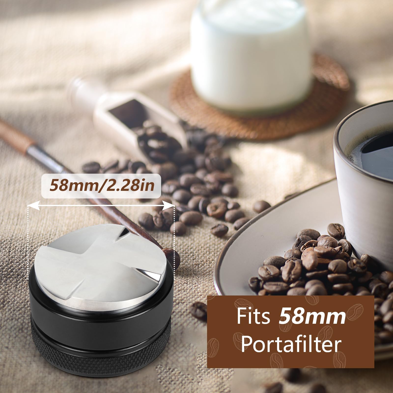 VIGIND 58mm coffee distributor angled-slopes demonstrate even distribution of grounds.