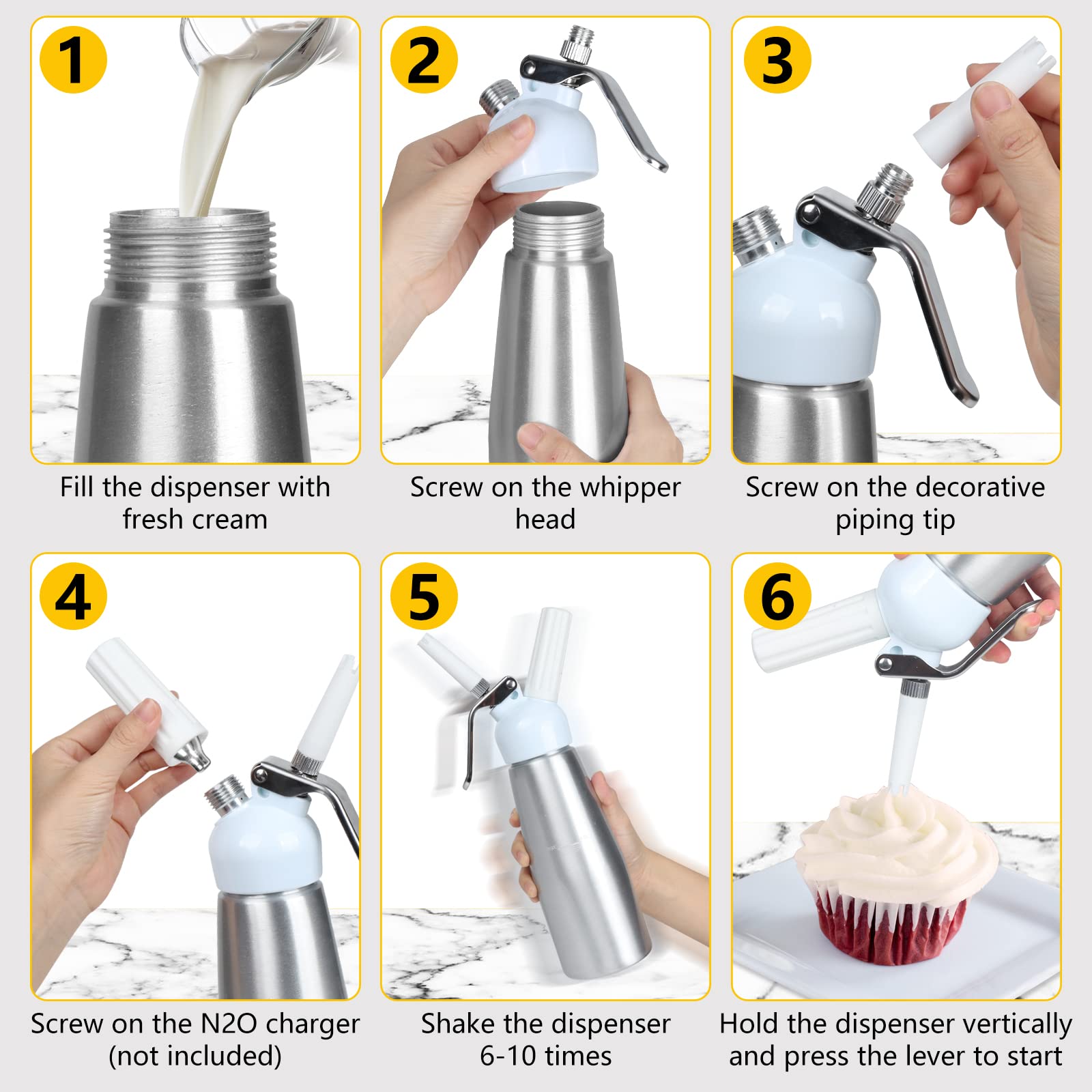 VIGIND compatible with 8g N2O chargers for fast whipping and ready toppings.